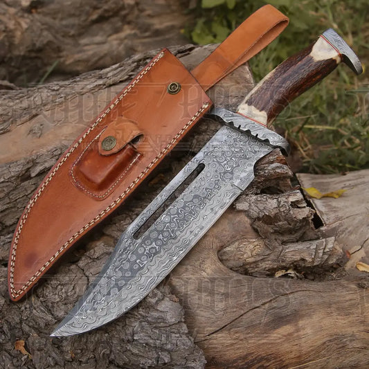 Handmade Forged Damascus Steel Hunting Bowie Rambo Knife Deer Stag Antler Edc Wh 4407