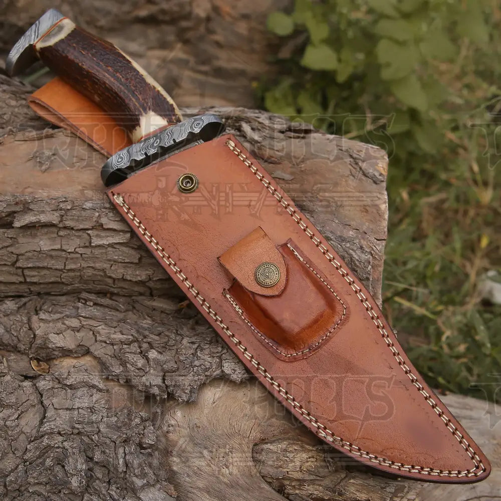 Handmade Forged Damascus Steel Hunting Bowie Rambo Knife Deer Stag Antler Edc Wh 4407