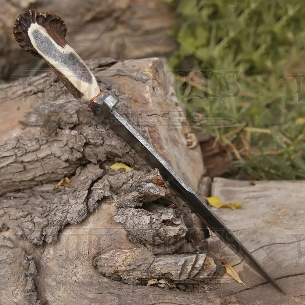 Handmade Forged Damascus Steel Hunting Bowie Rambo Knife Deer Stag Crown Handle