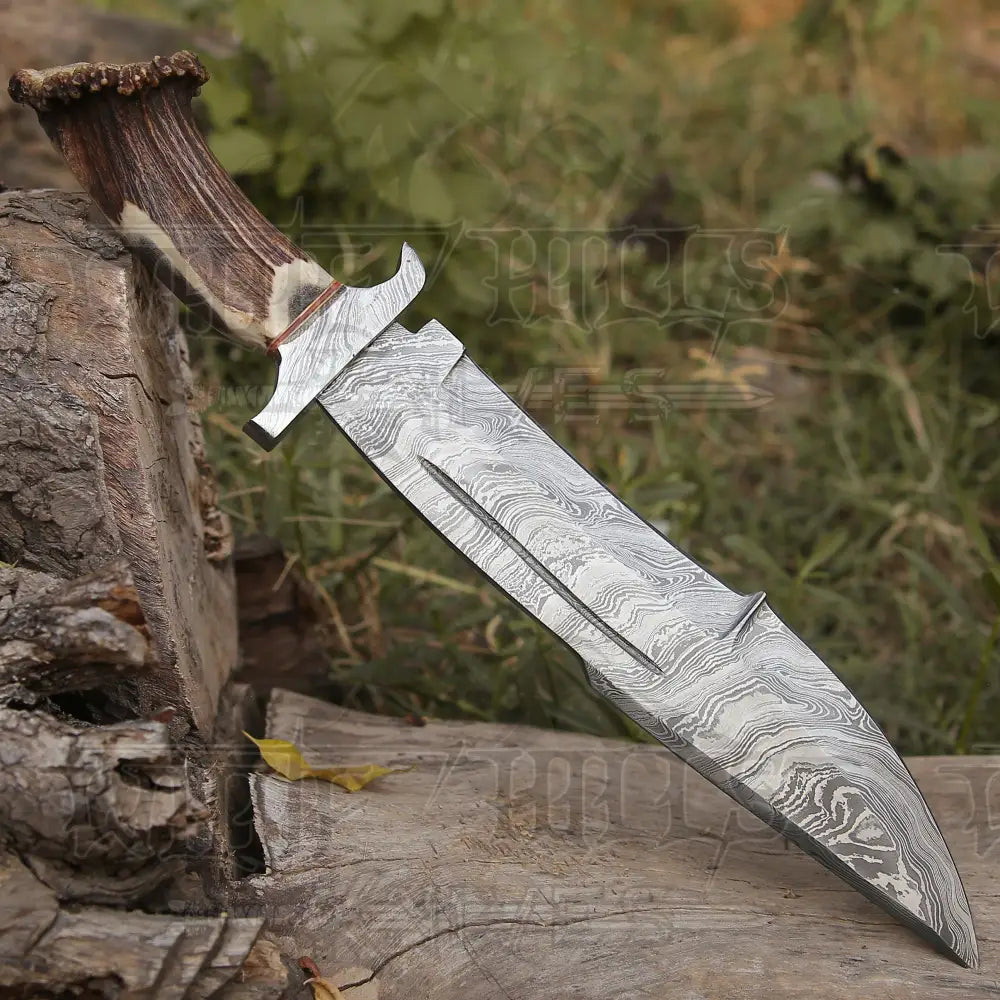 Handmade Forged Damascus Steel Hunting Bowie Rambo Knife Deer Stag Crown Handle