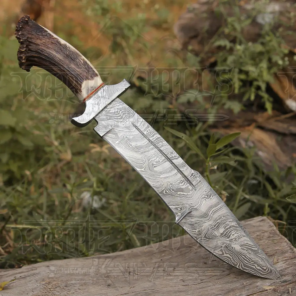 Handmade Forged Damascus Steel Hunting Bowie Rambo Knife Deer Stag Crown Handle
