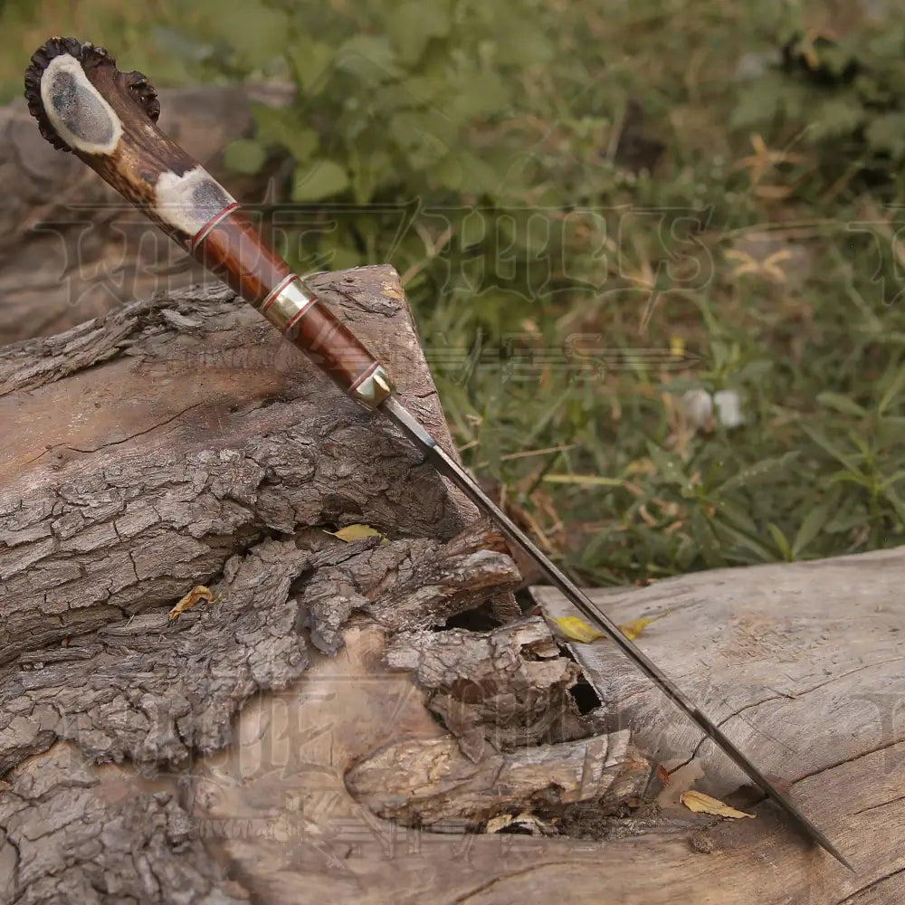 Handmade Forged Damascus Steel Hunting Bowie Rambo Knife Made In Usa With Deer Crown Stag Handle