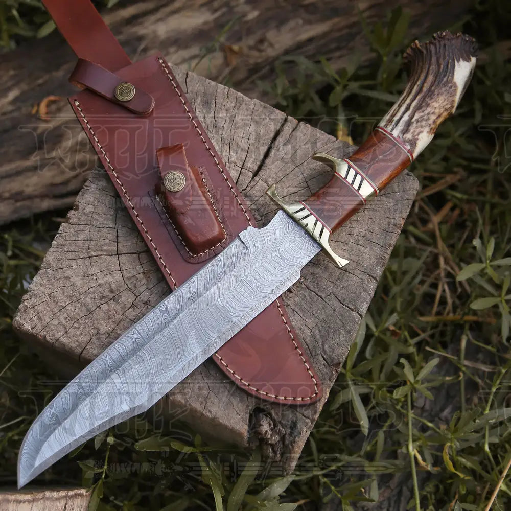 Handmade Forged Damascus Steel Hunting Bowie Rambo Knife Made In Usa With Deer Crown Stag Handle