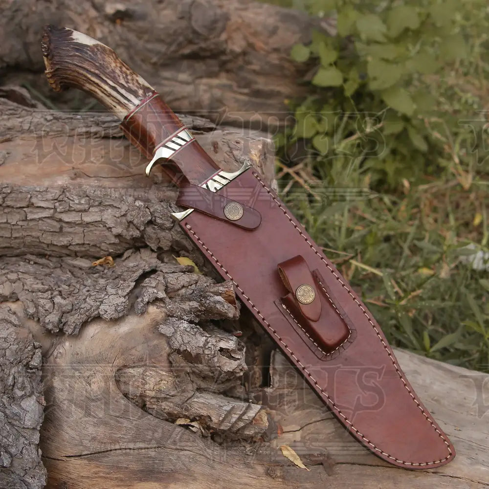 Handmade Forged Damascus Steel Hunting Bowie Rambo Knife Made In Usa With Deer Crown Stag Handle