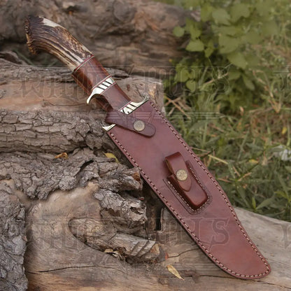Handmade Forged Damascus Steel Hunting Bowie Rambo Knife Made In Usa With Deer Crown Stag Handle