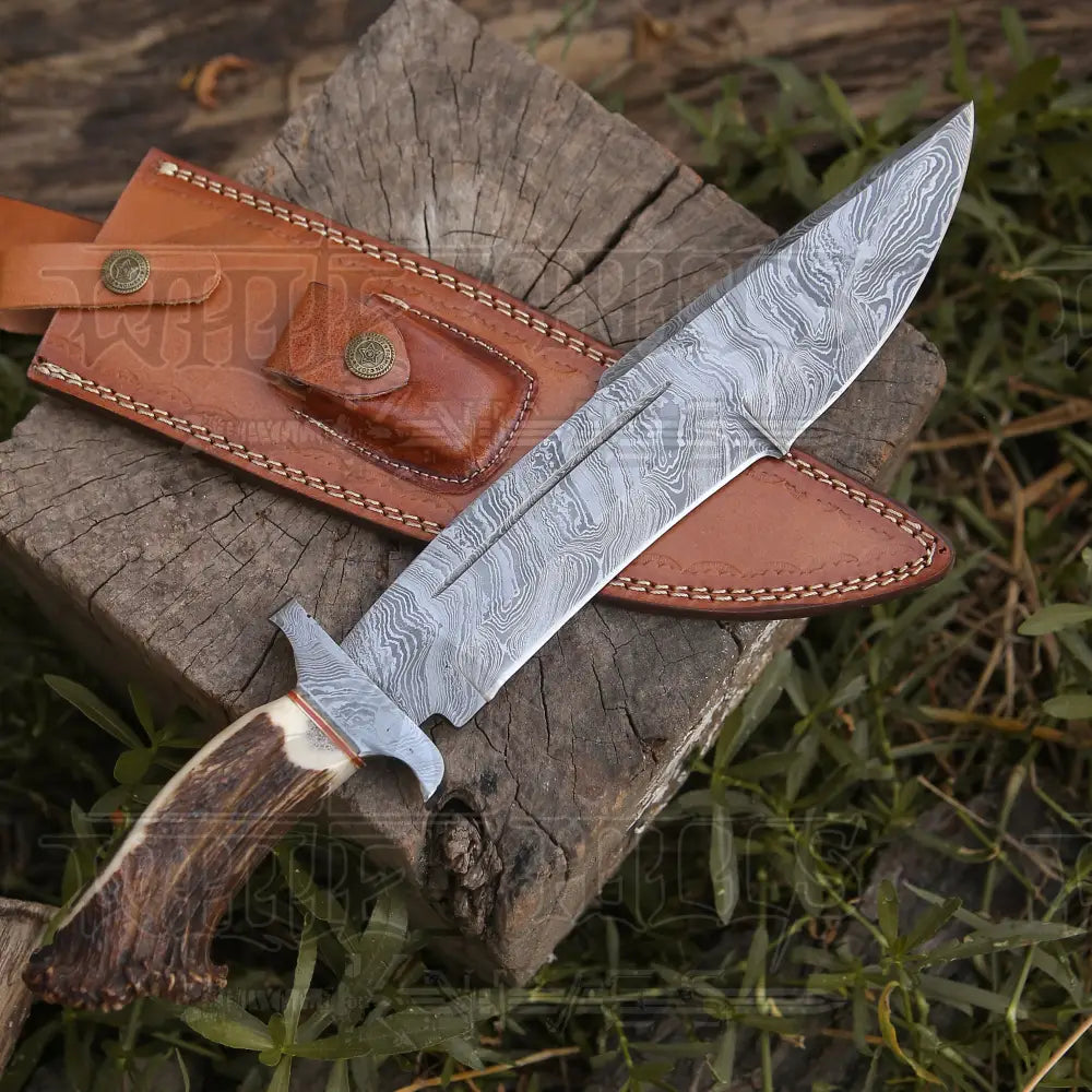 Handmade Forged Damascus Steel Hunting Bowie Rambo Knife With Deer Stag Antler Handle Wh 4410