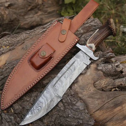 Handmade Forged Damascus Steel Hunting Bowie Rambo Knife With Deer Stag Antler Handle Wh 4410