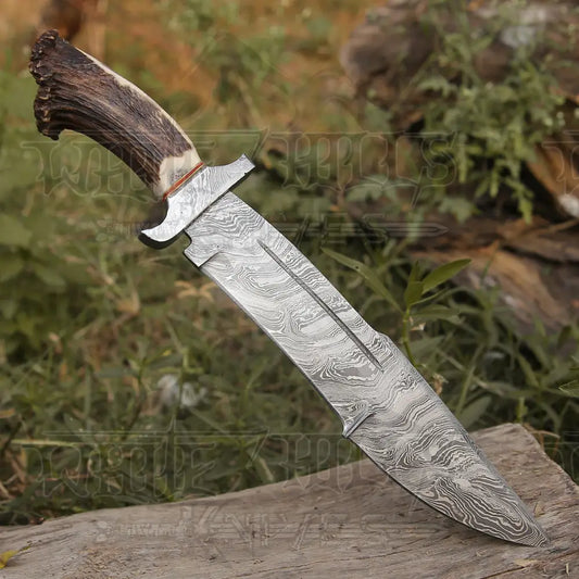 Handmade Forged Damascus Steel Hunting Bowie Rambo Knife With Deer Stag Antler Handle Wh 4410