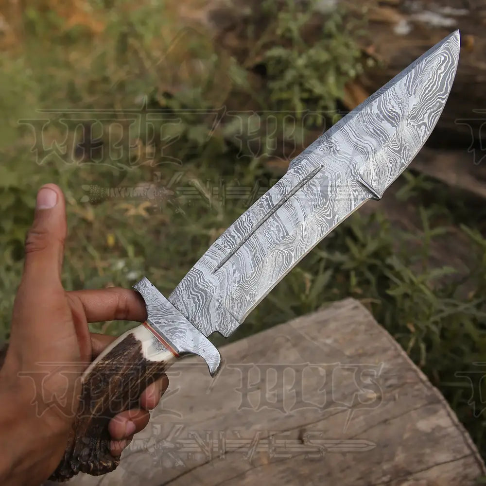 Handmade Forged Damascus Steel Hunting Bowie Rambo Knife With Deer Stag Antler Handle Wh 4410