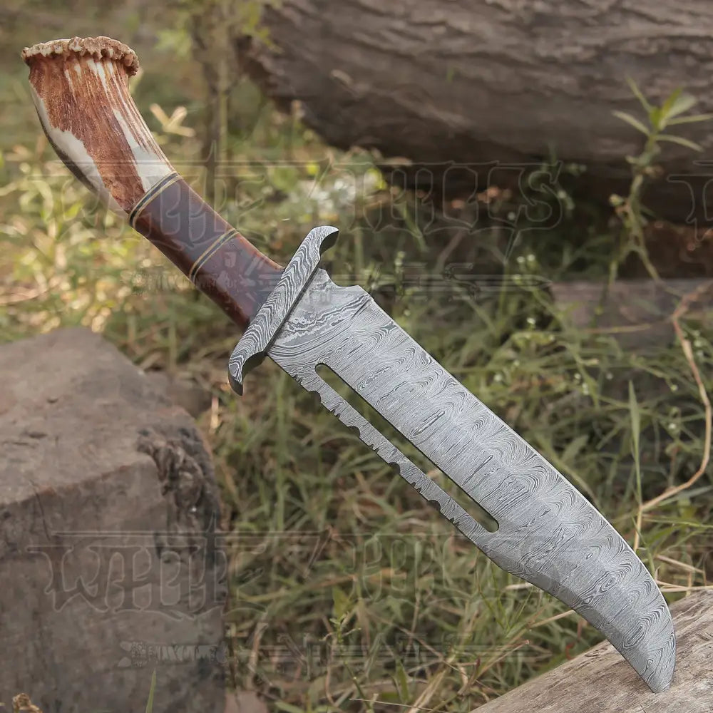 Handmade Forged Damascus Steel Hunting Bowie Rambo Knife With Deer Stag Antler Handle Wh 44H