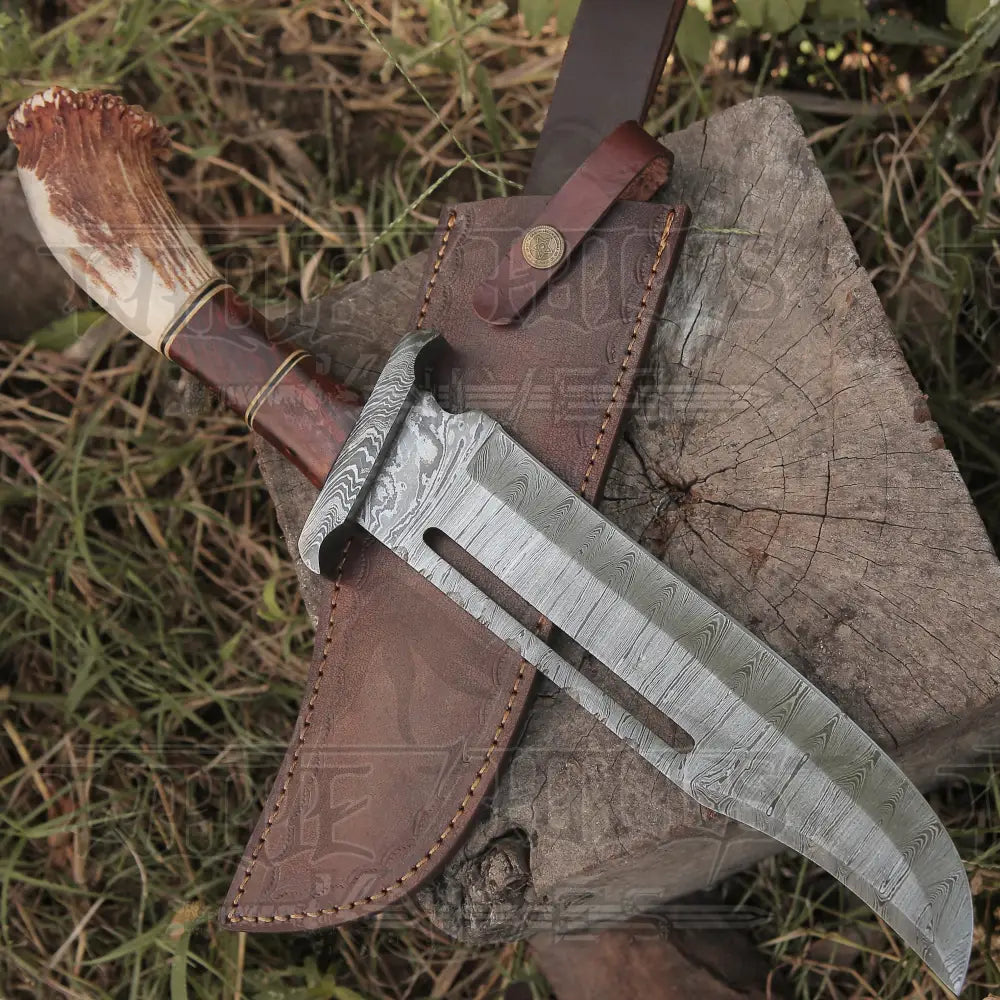 Handmade Forged Damascus Steel Hunting Bowie Rambo Knife With Deer Stag Antler Handle Wh 44H