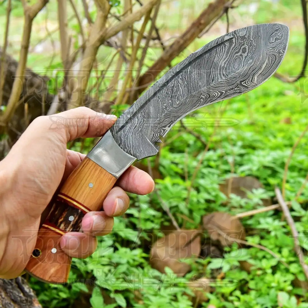 Handmade Forged Damascus Steel Hunting Bushcraft Kukri Knife Survival Edc 12With Olive Wood & Stag