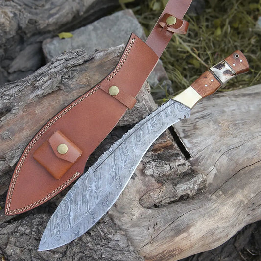Handmade Forged Damascus Steel Hunting Bushcraft Kukri Knife Survival Edc 12 With Olive Wood & Stag