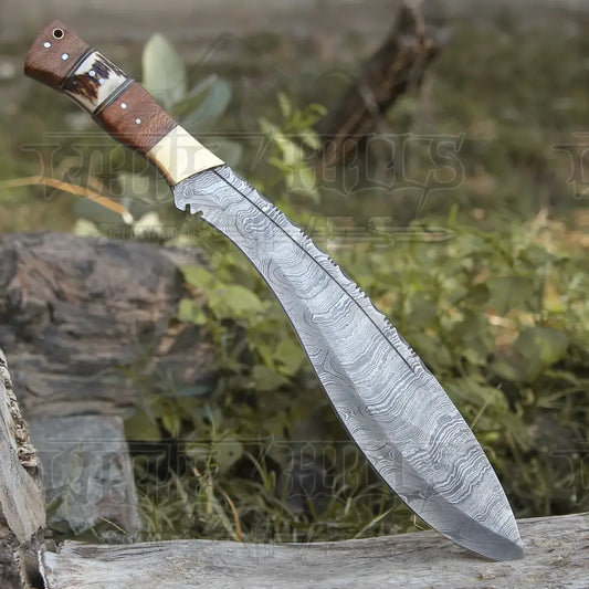 Handmade Forged Damascus Steel Hunting Bushcraft Kukri Knife Survival Edc 12 With Olive Wood & Stag