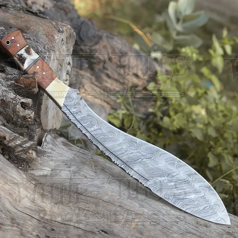 Handmade Forged Damascus Steel Hunting Bushcraft Kukri Knife Survival Edc 12 With Olive Wood & Stag