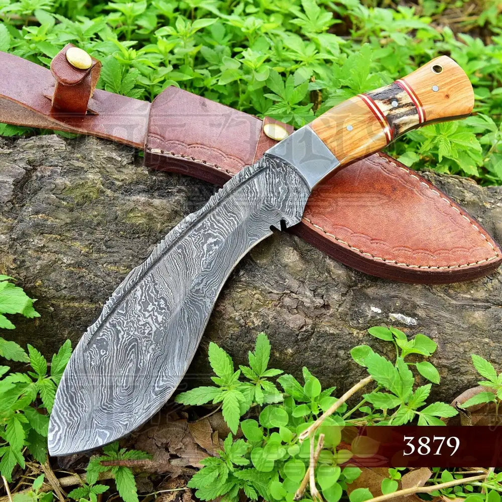 Handmade Forged Damascus Steel Hunting Bushcraft Kukri Knife Survival Edc 12With Olive Wood & Stag