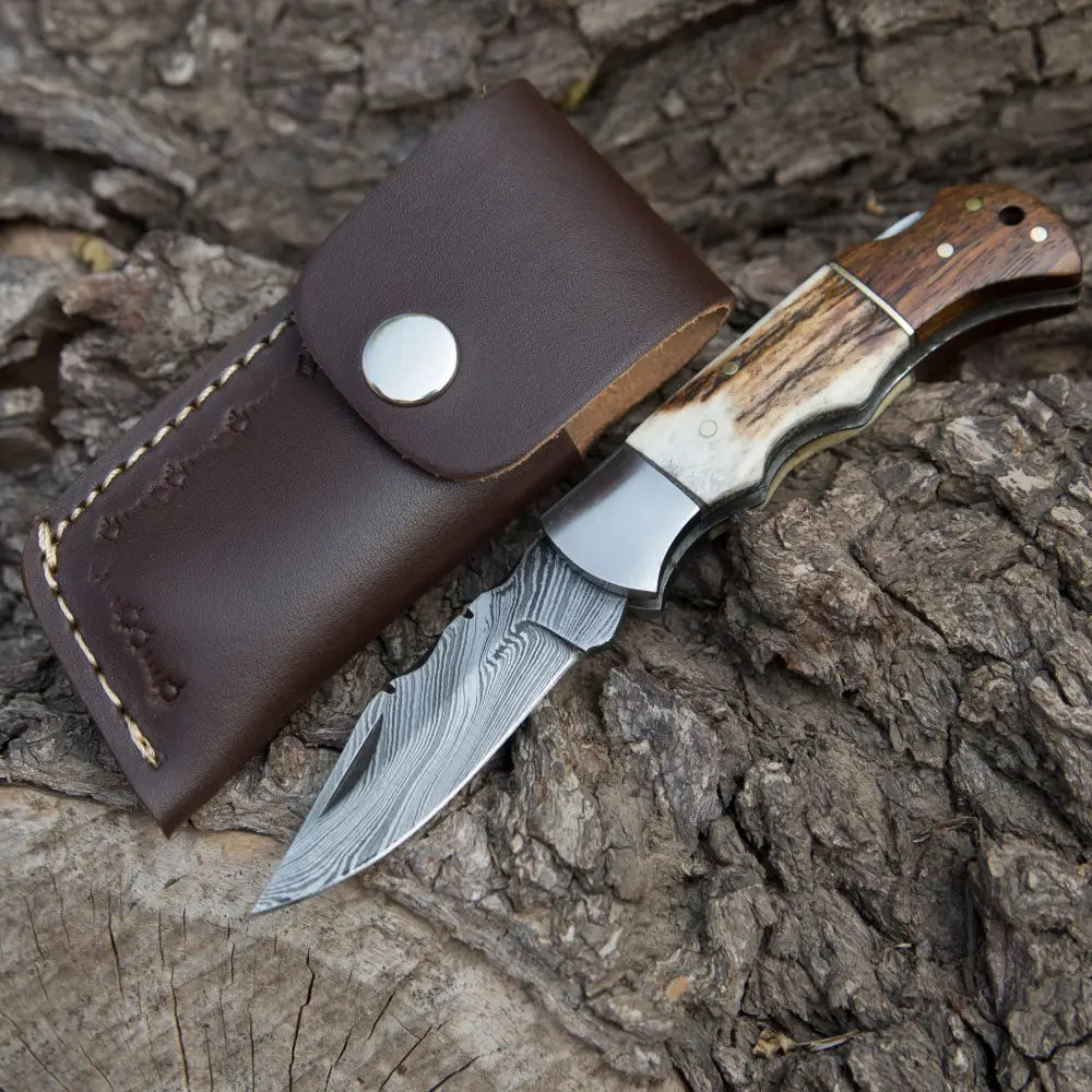 Handmade Forged Damascus Steel Hunting Camping Folding Pocket Knife With Stag Antler & Cocobolo Wood