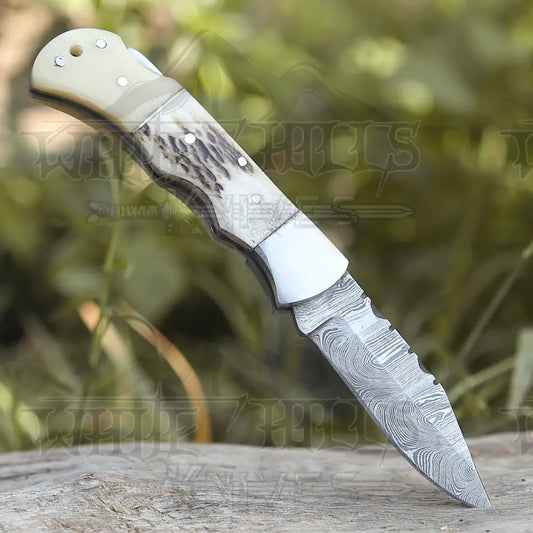 Handmade Forged Damascus Steel Hunting Folding Camping Pocket Knife With Stag Antler Camel Bone &