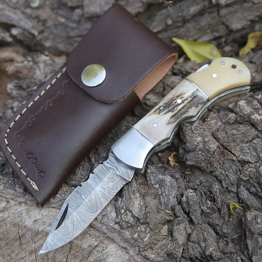 Handmade Forged Damascus Steel Hunting Folding Camping Pocket Knife With Stag Antler Camel Bone &