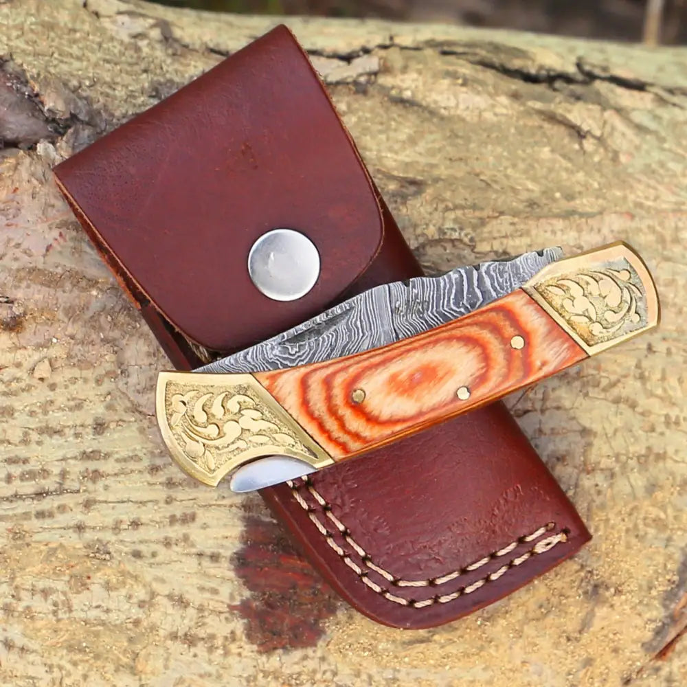 Handmade Forged Damascus Steel Hunting Folding Camping Pocket Knife With Stained Wood & Engraved