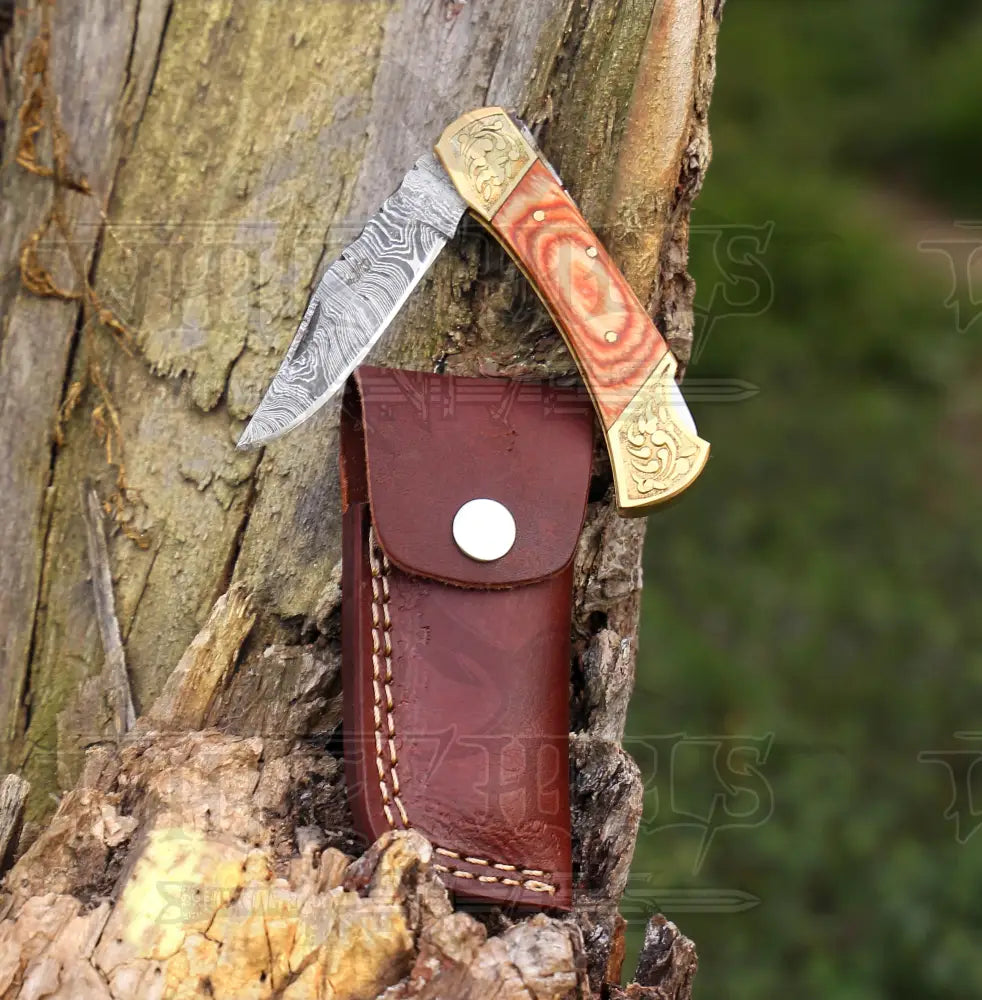 Handmade Forged Damascus Steel Hunting Folding Camping Pocket Knife With Stained Wood & Engraved