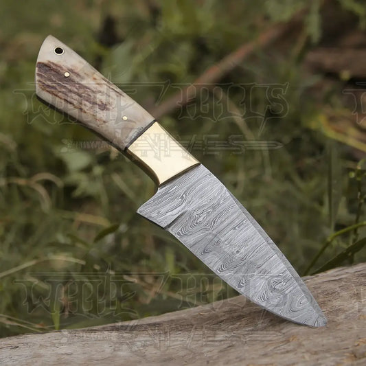 Handmade Forged Damascus Steel Hunting Skinner Knife Edc 9 V3 With Stag Antler & Engraved Camel Bone