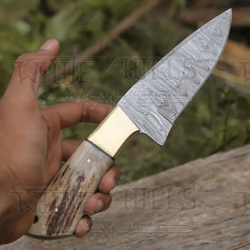 Handmade Forged Damascus Steel Hunting Skinner Knife Edc 9 V3 With Stag Antler & Engraved Camel Bone