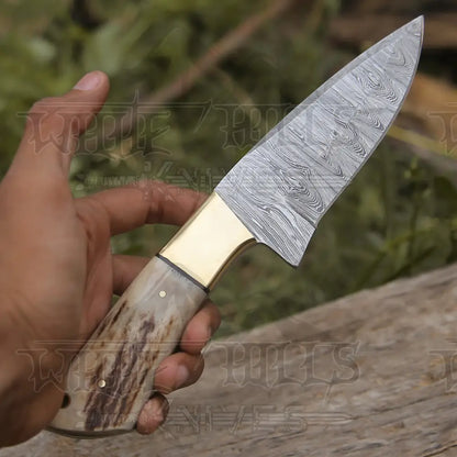 Handmade Forged Damascus Steel Hunting Skinner Knife Edc 9 V3 With Stag Antler & Engraved Camel Bone