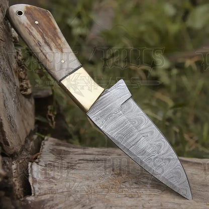 Handmade Forged Damascus Steel Hunting Skinner Knife Edc 9 V3 With Stag Antler & Engraved Camel Bone