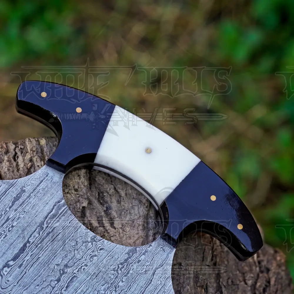Handmade Forged Damascus Ulu Knife - Bone & Horn Handle - Alaskan Knife