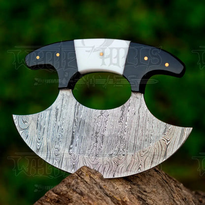 Handmade Forged Damascus Ulu Knife - Bone & Horn Handle - Alaskan Knife