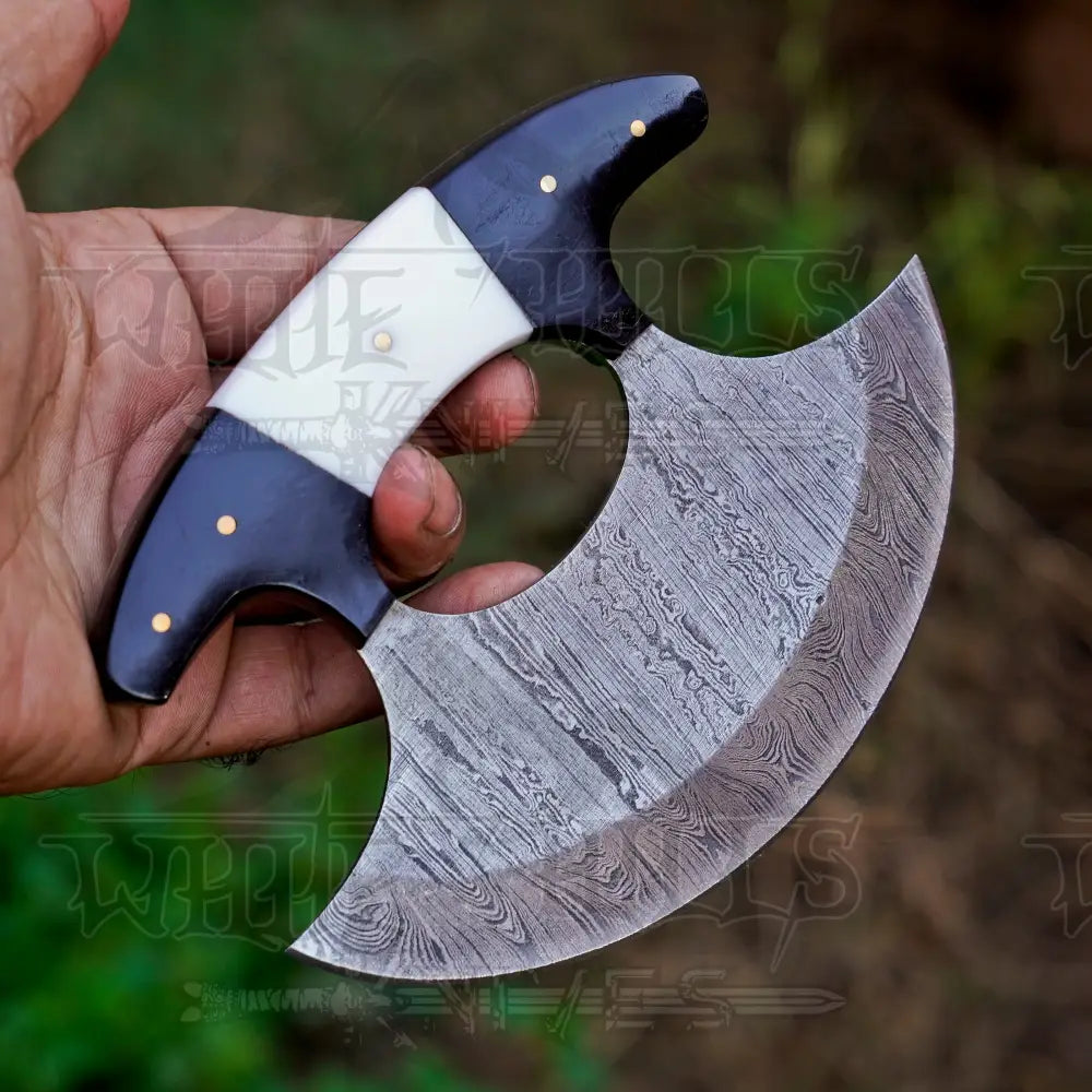Handmade Forged Damascus Ulu Knife - Bone & Horn Handle - Alaskan Knife