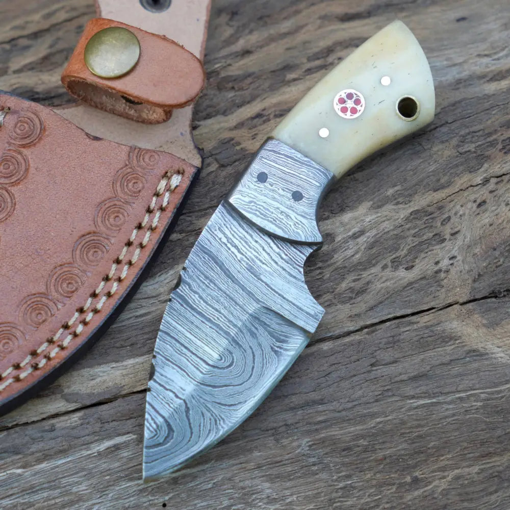 Handmade Mini Skinner Damascus Steel Knife - Camel Bone Handle 5.5’’ Full Tang