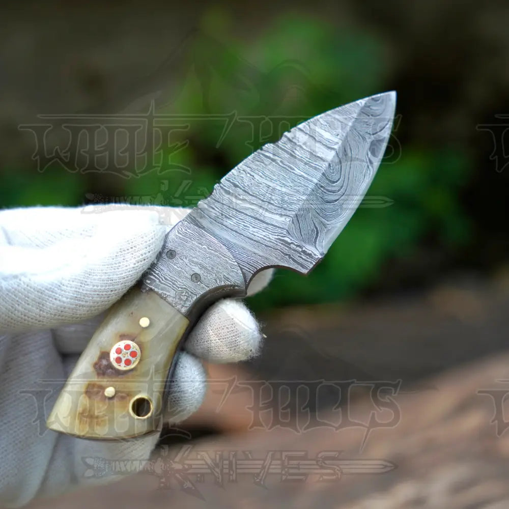 Handmade Mini Skinner Damascus Steel Knife - Ram Horn Handle 5.5’’ Full Tang