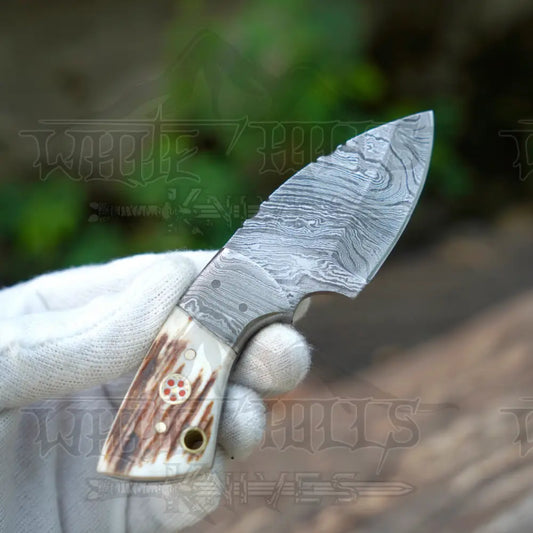 Handmade Mini Skinner Damascus Steel Knife - Stag Antler Handle 5.5’’ Full Tang