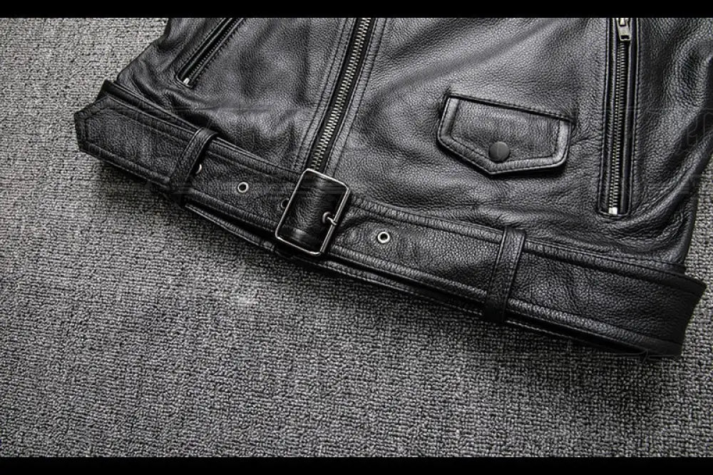 High Quality Cowhide Black Motorcycle Biker Leather Vest Men Genuine Oblique Zipper