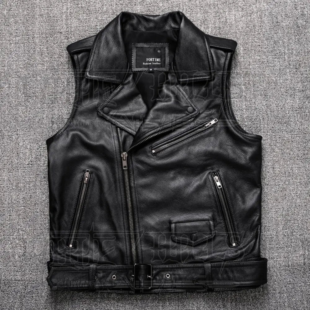 High Quality Cowhide Black Motorcycle Biker Leather Vest Men Genuine Oblique Zipper / S