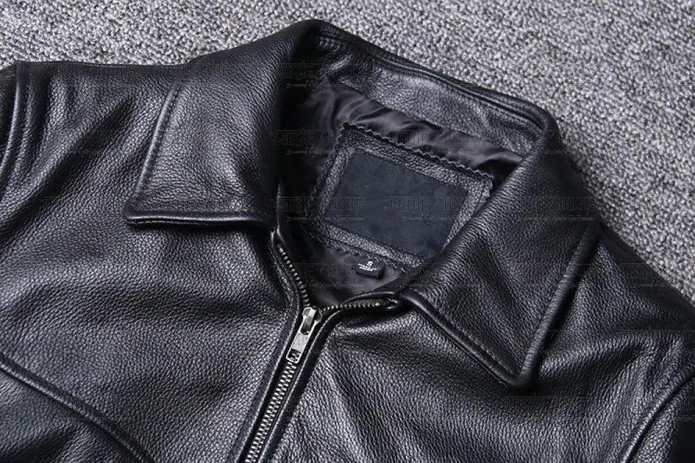 Lapel Baseball Genuine Cowhide Leather Jacket Mens