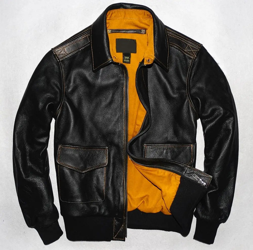 Mens Genuine Calf Skin Military Leather Jacket Black / S Jackets