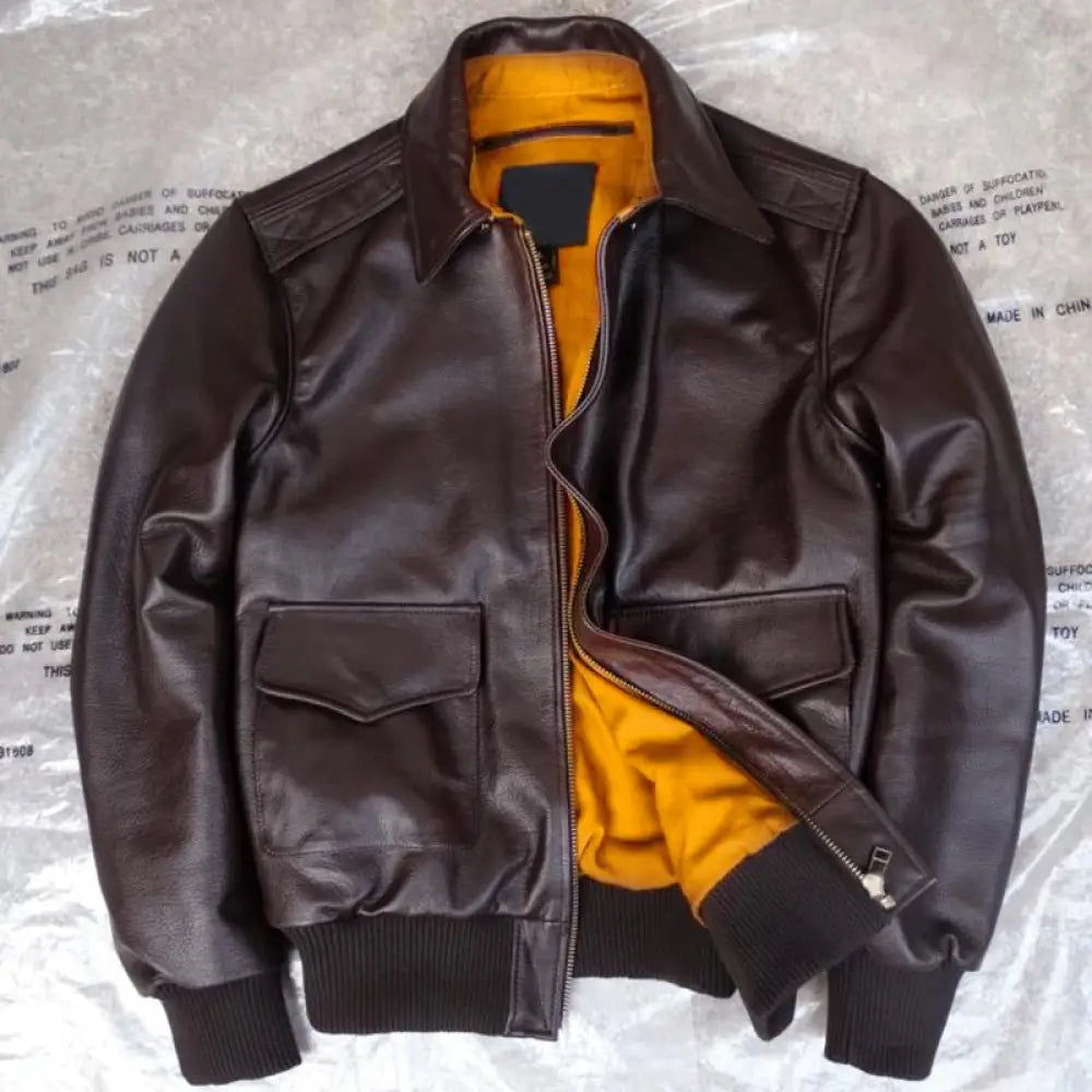 Mens Genuine Calf Skin Military Leather Jacket Brown / S Jackets