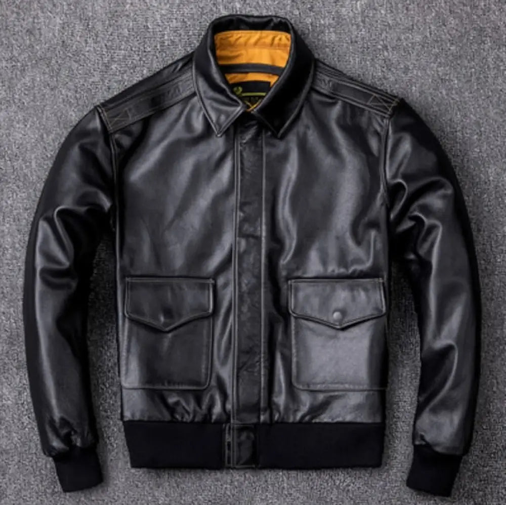 Mens Military Genuine Natural Cowhide Leather Jacket Black / S