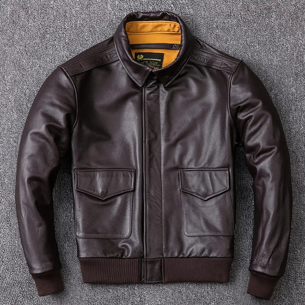 Mens Military Genuine Natural Cowhide Leather Jacket Brown / S