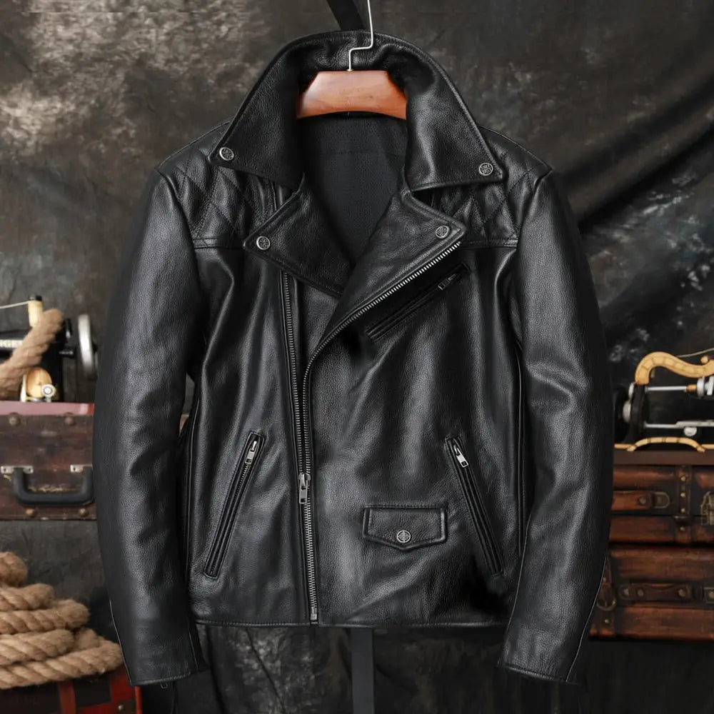 Mystical Protective Gear Cowhide Oblique Zipper Motorcycle Jacket Leather