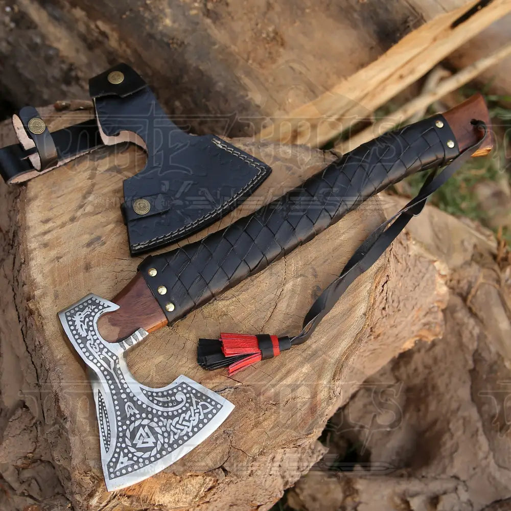 Premium Viking Axe Hand Forged Camping With Dark Wood Shaft & Carbon Steel Axe