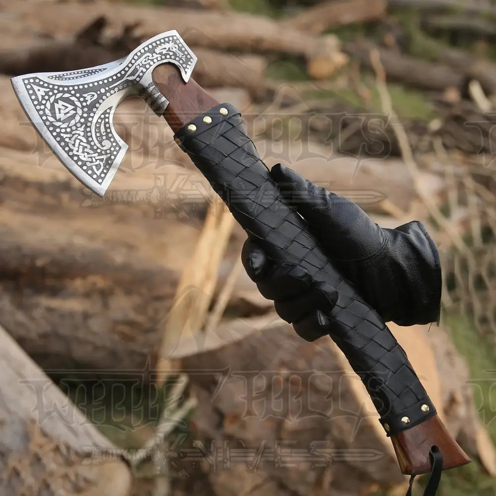 Premium Viking Axe Hand Forged Camping With Dark Wood Shaft & Carbon Steel Axe