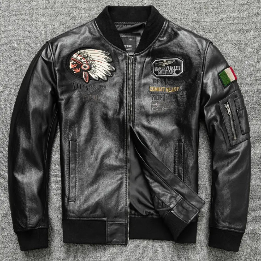 Red Indian Embroidery Baseball Cowhide Leather Jacket