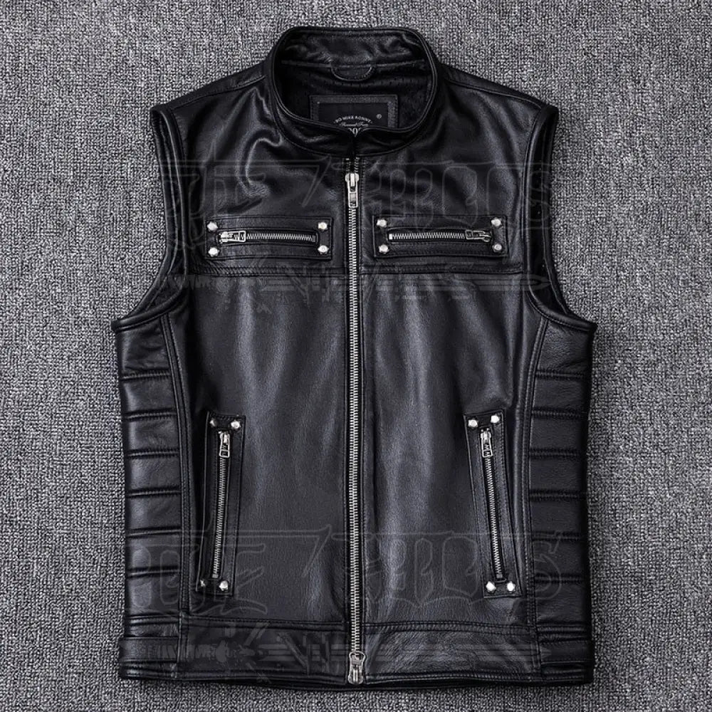 Rivet Genuine Cowhide Leather Vest Mens Motorcycle Biker Vests Black / S