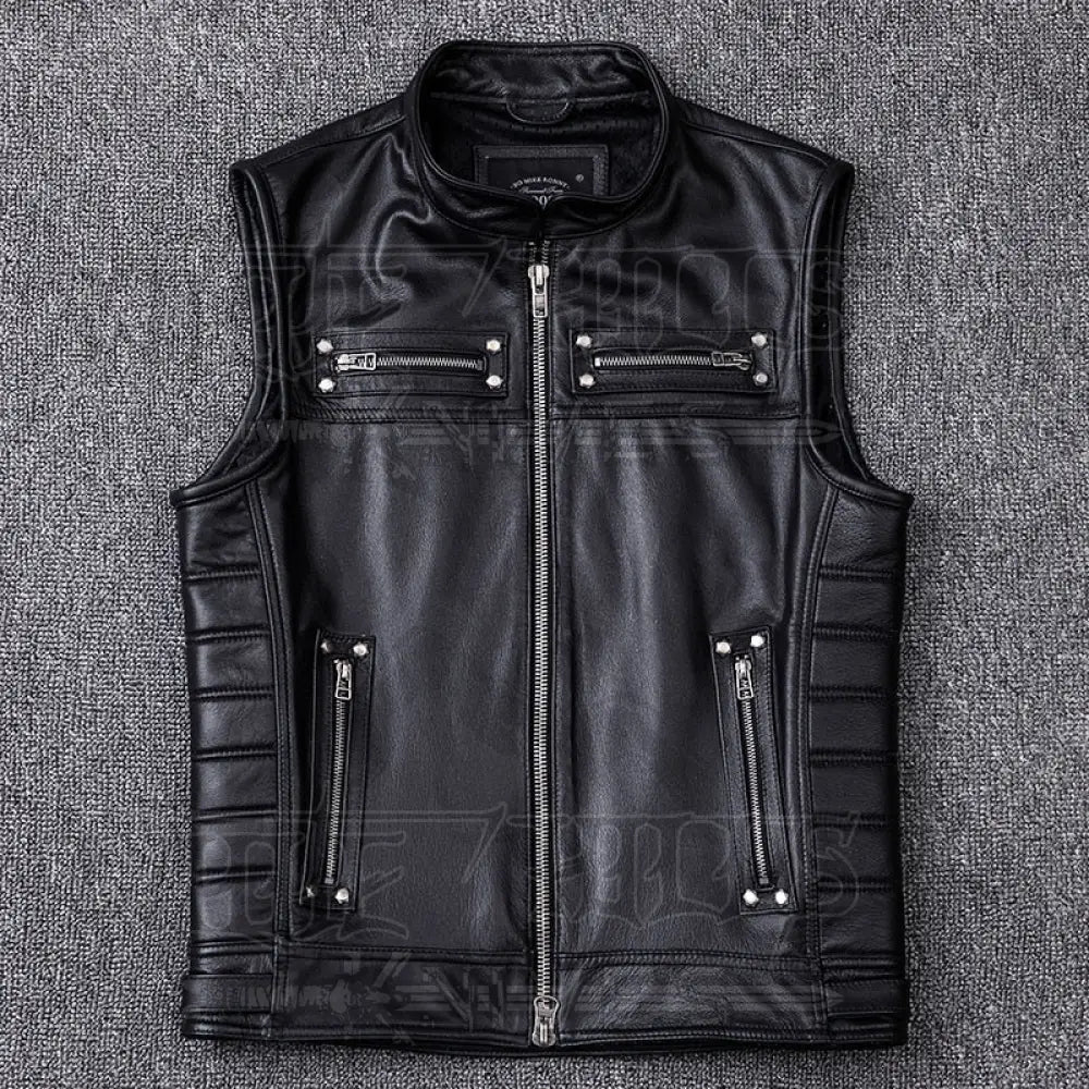 Rivet Genuine Cowhide Leather Vest Mens Motorcycle Biker Vests Black / S