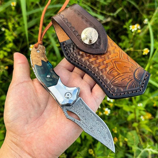 Handmade Damascus Steel Pocket Knife - Folding Knife - Outdoor Camping Hunting Survival Knife EDC White Hills Knives