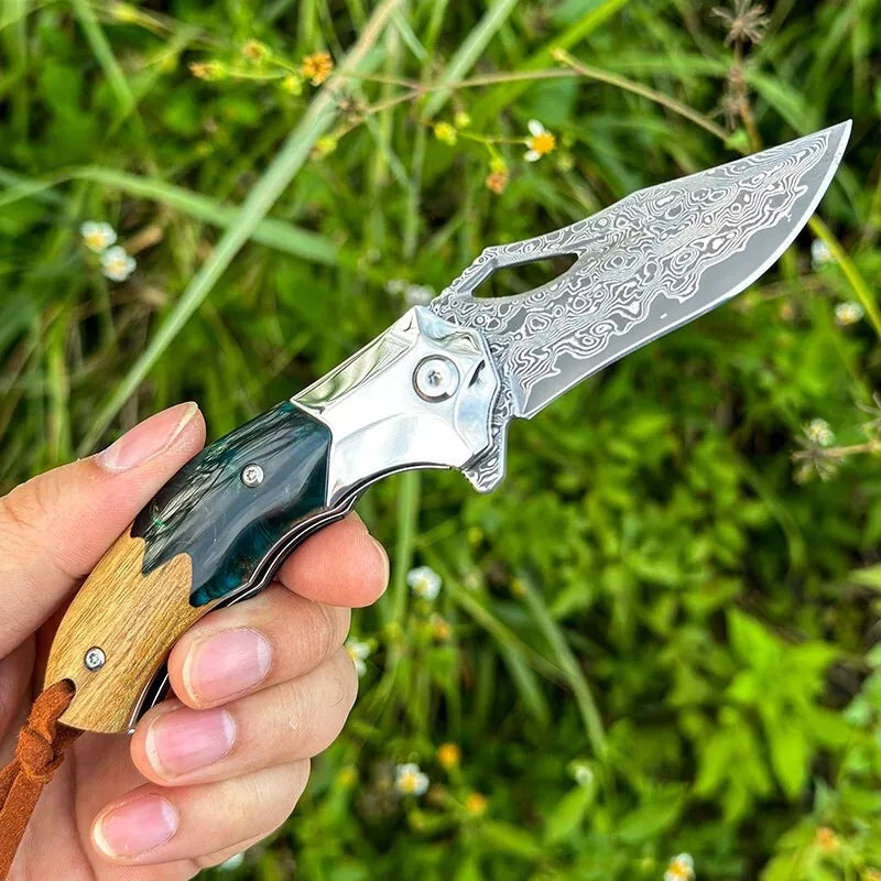 Handmade Damascus Steel Pocket Knife - Folding Knife - Outdoor Camping Hunting Survival Knife EDC White Hills Knives